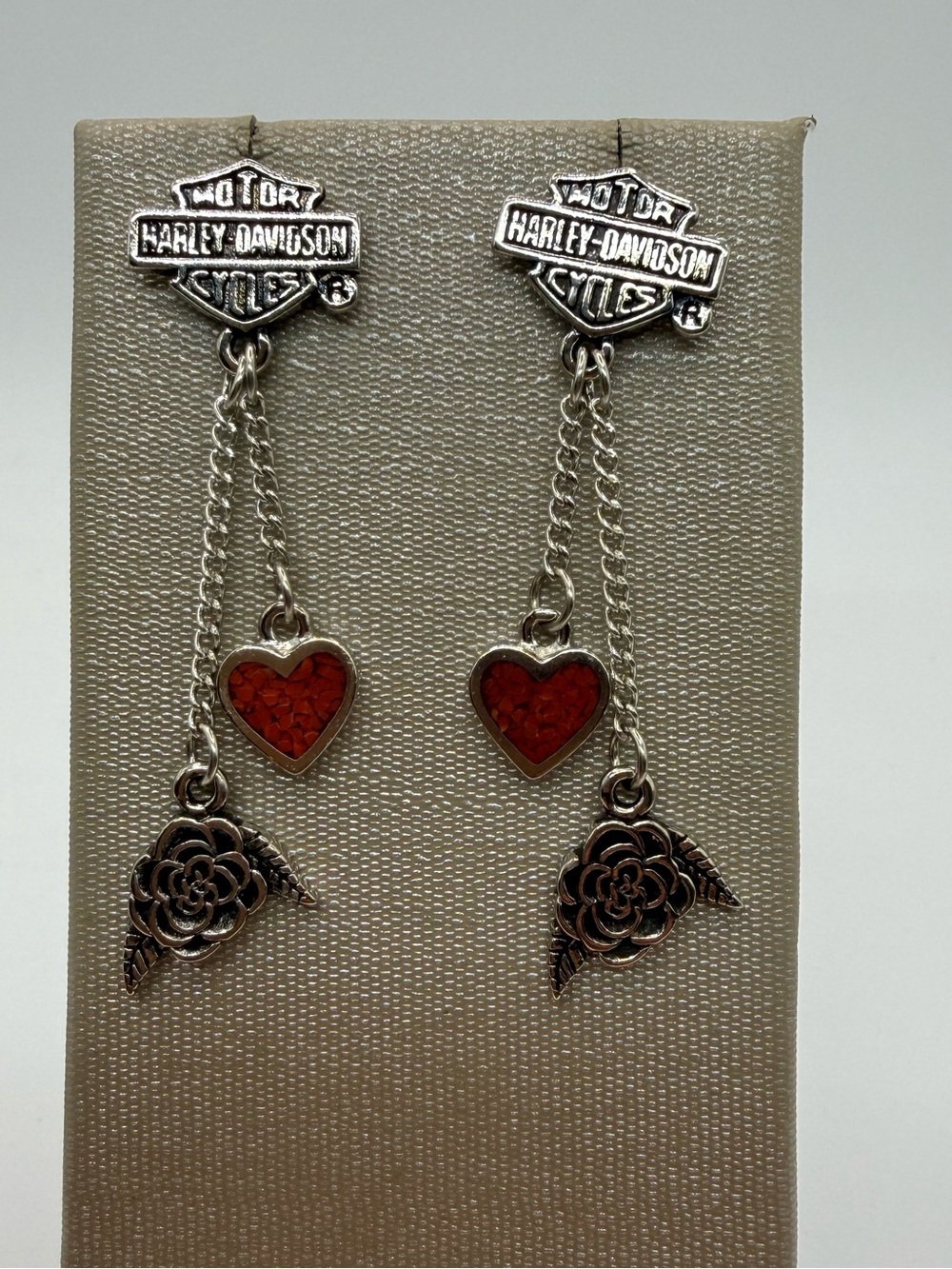 Vintage Harley-Davidson Red Heart Rose Chain Dangle Post Earrings H-D